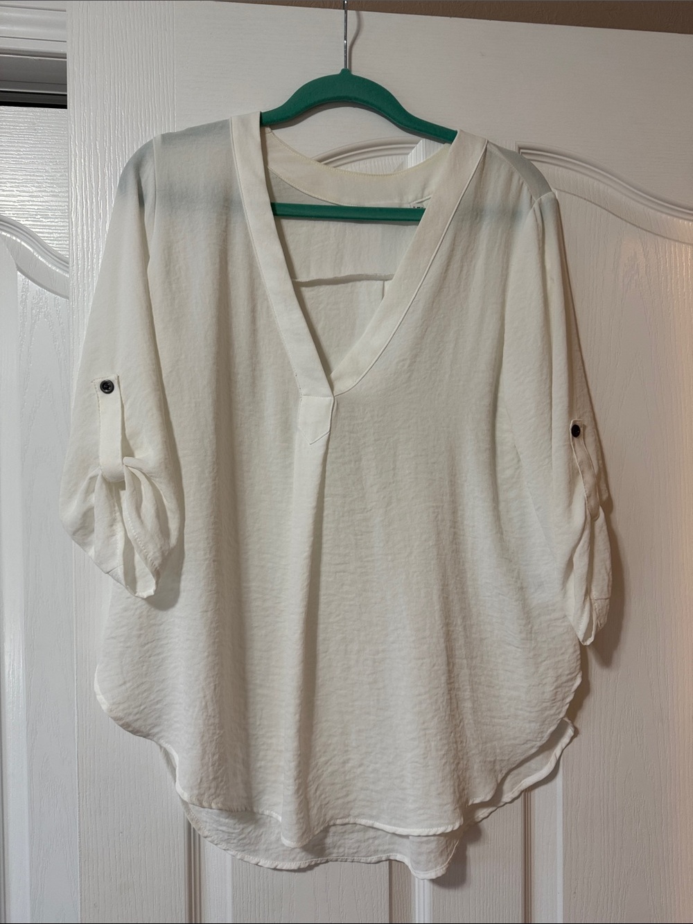 Lush White V-Neck Roll-Tab Blouse